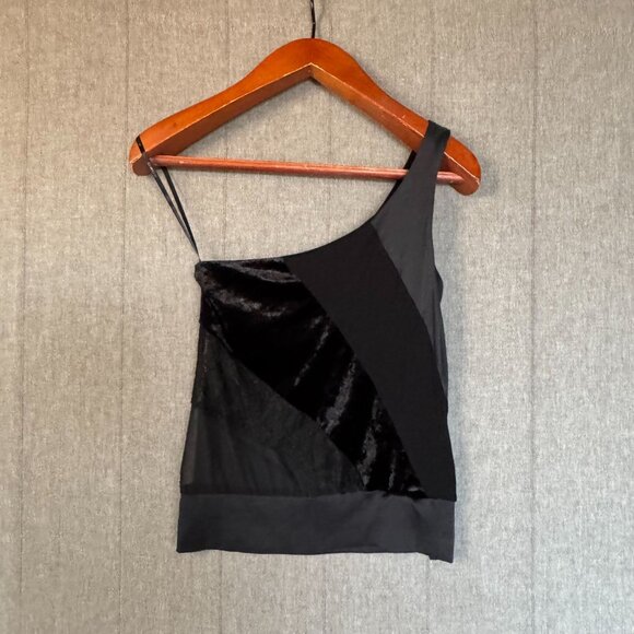 90s Vintage Bebe Black Silk Lace Mix Fabric Shelf Bra One Shoulder Blouse - Picture 1 of 11